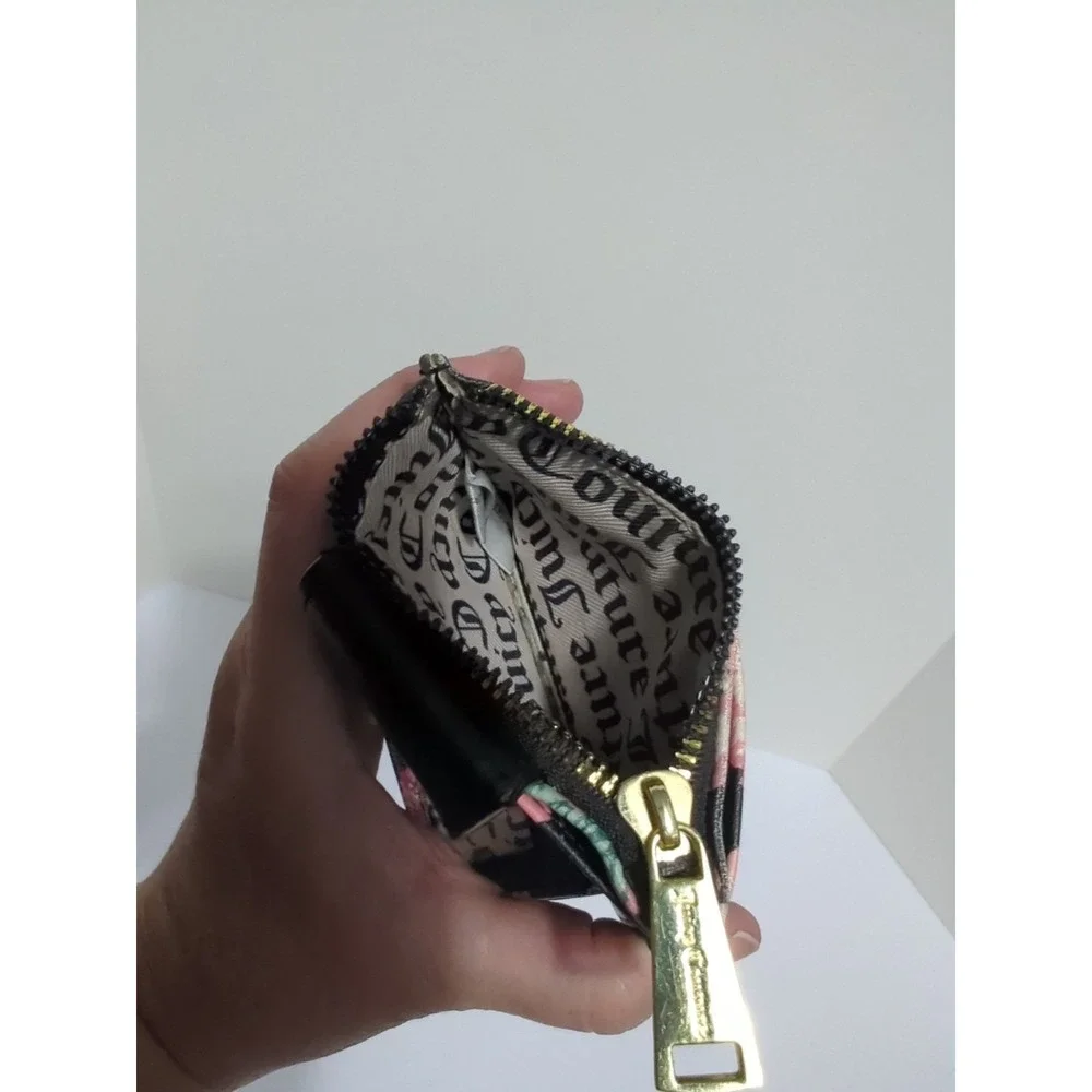 JUICY COUTURE Black Pink Flower Zipper Snap Wallet Card Case Small